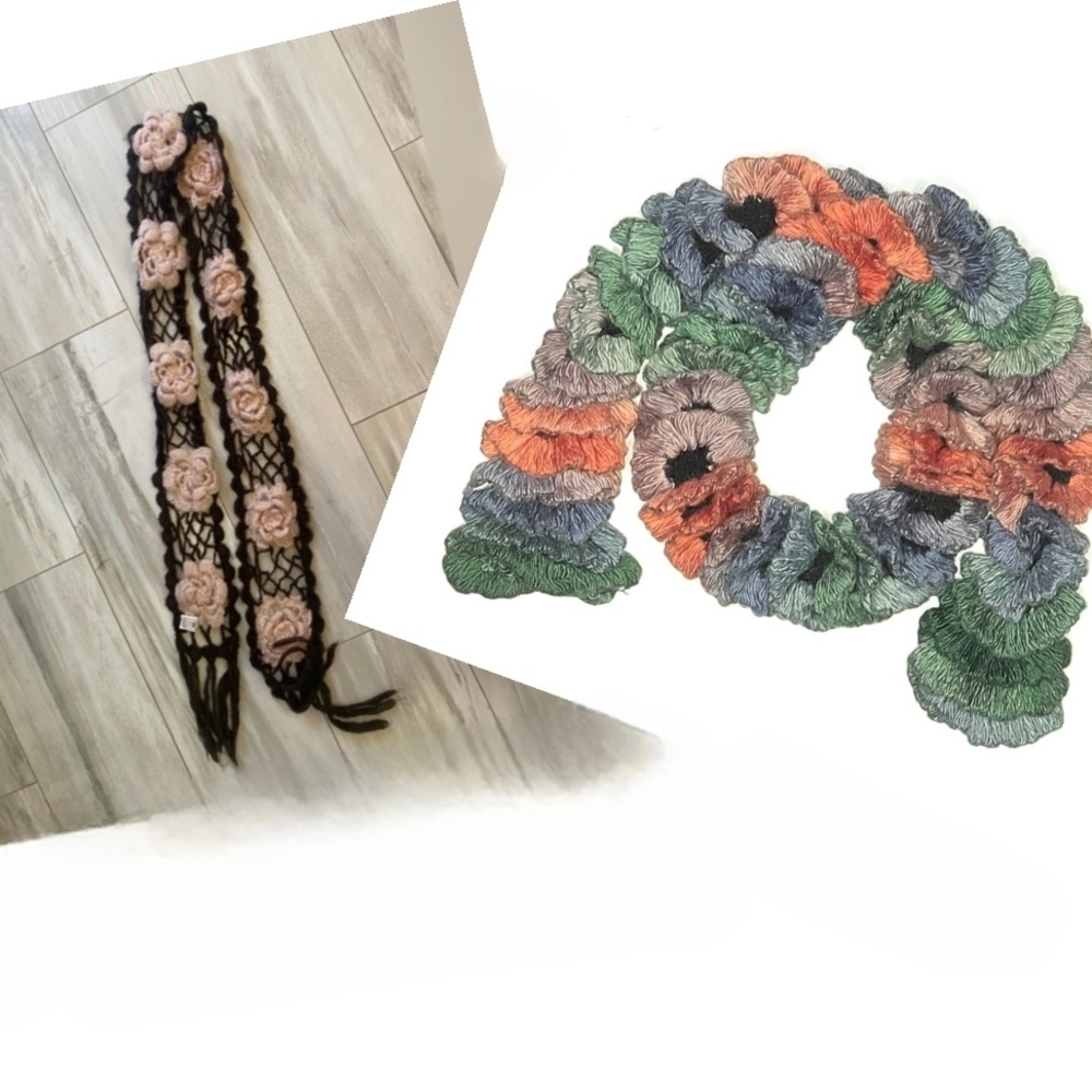 Old Navy Pink Floral Crochet Fringe Scarf and Ombre Ruffle Sashay Scarf 🪷🌸🌼💗